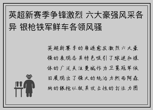 英超新赛季争锋激烈 六大豪强风采各异 银枪铁军鲜车各领风骚